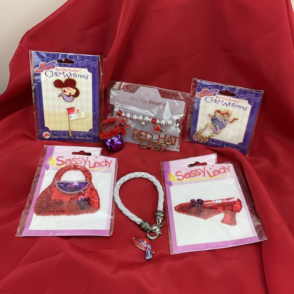 Red Hat Society Mixed Lot 8pc Jewelry Patches Brooches Pins Bracelets Red Purple